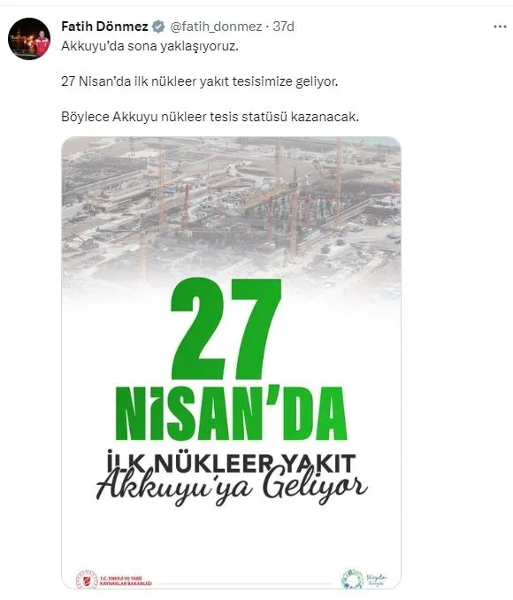 Enerji ve Tabii Kaynaklar Bakanı Fatih Dönmez açıkladı: Akkuyu'da sona yaklaşıldı! İlk nükleer yakıt 27 Nisan'da-1