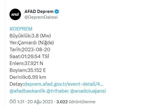 Niğde’de korkutan deprem!