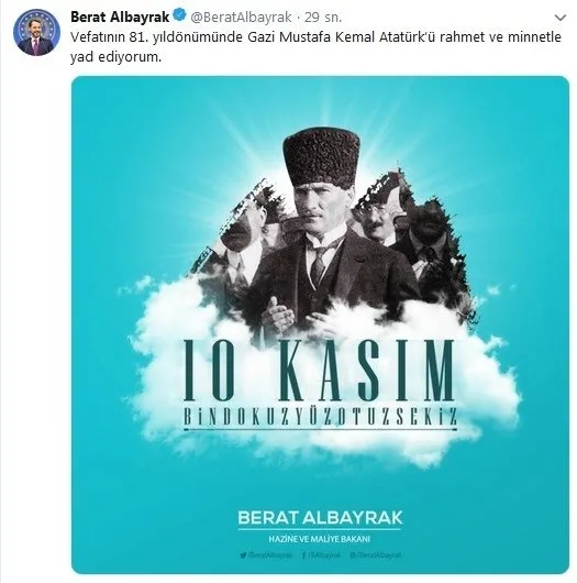 Berat Albayrak'tan 10 Kasım Atatürk'ü anma mesajı!-1