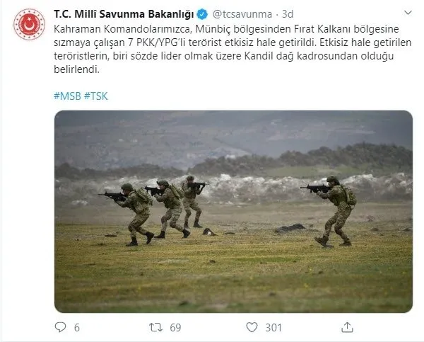 Son dakika: MSB duyurdu: Münbiç'te 7 terörist etkisiz hale getirildi-1
