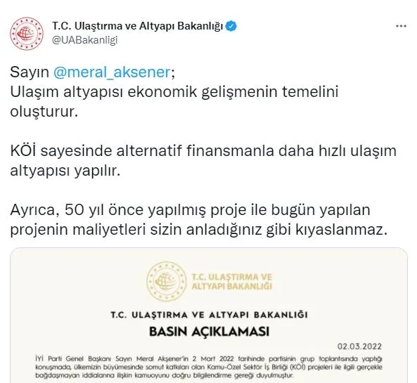 ulastirma-ve-altyapi-bakanligindan-kamu-ozel-sektor-is-birligi-koi-projelerini-hedef-alan-meral-aksenere-yanit-1646239272929.jpg Ulaştırma ve Altyapı Bakanlığından Kamu-Özel Sektör İş Birliği (KÖİ) projelerini hedef alan Meral Akşener’e yanıt!-1
