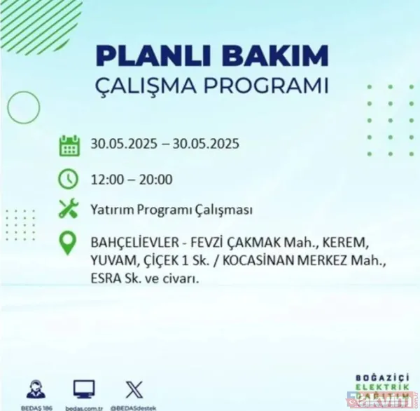 Bedaş | 30 Mayıs İstanbul Elektrik Kesintisi