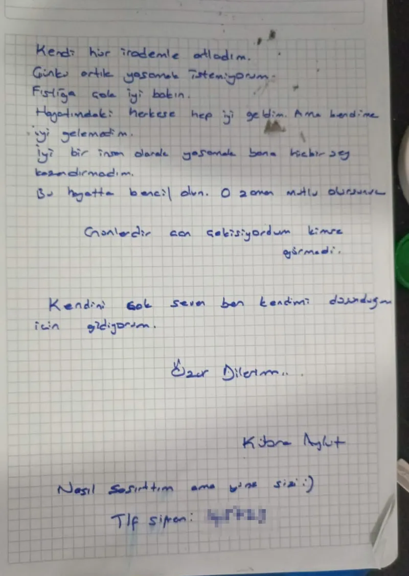 Kübra Aykut'un ölmeden önce bıraktığı intihar mektubu (İHA)