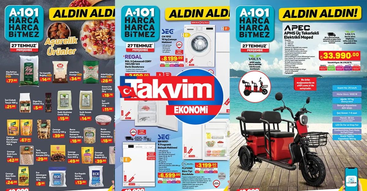 A101 zincir marketlerinde indirimde 27 Temmuz jesti! Aktüel katalogda ne ararsan var! Aşurelik ürünler: Buğday 14 TL, fasülye 34 TL, nohut 28 TL...