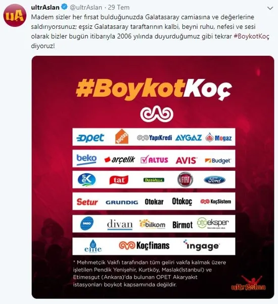 Galatasaray taraftar grubu ultrAslan'dan Koç'a boykot kararı!-1