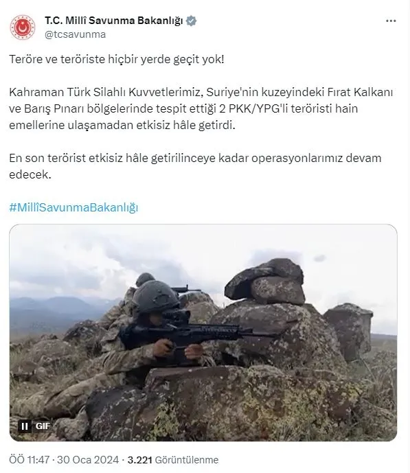 msb-duyurdu-firat-kalkani-ve-baris-pinari-bolgelerinde-2-pkkli-terorist-etkisiz-hale-getirildi-1706604777039.jpg MSB duyurdu: Fırat Kalkanı ve Barış Pınarı bölgelerinde 2 PKK'lı terörist etkisiz hale getirildi-1