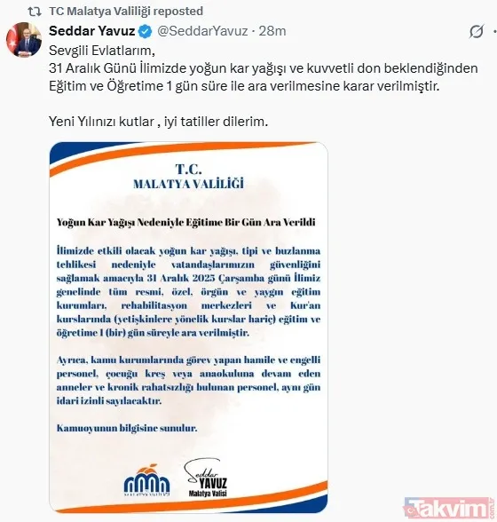 Şırnak: İl Genelindeki Kreş, Anaokulu, İlkokul, Ortaokul, Lise, Rehabilitasyon Ve Eğitim Merkezlerinde Eğitime 1 Gün Ara Verildi. Malul, Engelli, Ağır Kronik...