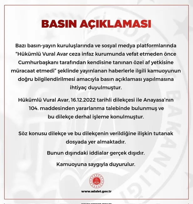 Adalet Bakanlığından 28 Şubat hükümlüsü Vural Avar'ın ölümüne ilişkin iddialara yalanlama: "Dilekçesi derhal işleme konuldu"-1