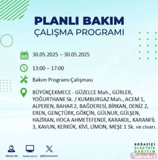 Bedaş | 30 Mayıs İstanbul Elektrik Kesintisi
