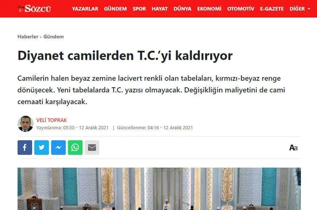 CHP yandaşı Sözcü gazetesinden "Diyanet camilerden T.C.’yi kaldırıyor" yalanı