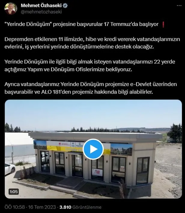 Çevre, Şehircilik ve İklim Değişikliği Bakanı Mehmet Özhaseki duyurdu! Yerinde Dönüşüm projesine başvurular bugün başladı - 1