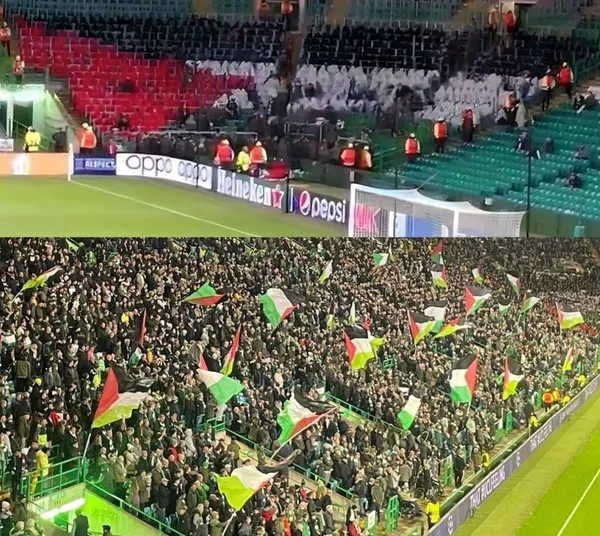 1698263303980.jpeg Celtic kulübü izin vermedi taraftar yasak dinlemedi! Atletico Madrid maçında Filistin bayraklı koreografi-2