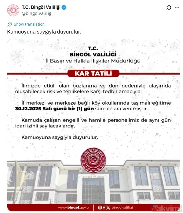 Bingöl: Adaklı, Karlıova Ve Kiğı İlçelerinde Tüm Okullar; Merkezde İse Taşımalı Eğitime 1 Gün Ara Verildi