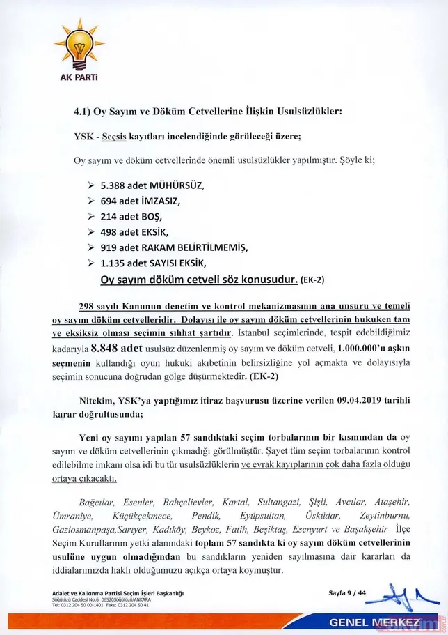 İÅte  AK Parti İstanbul seçimlenin iptali için YSK'ya verdiÄi 44 sayfalık olaÄanüstü itiraz dilekçesi