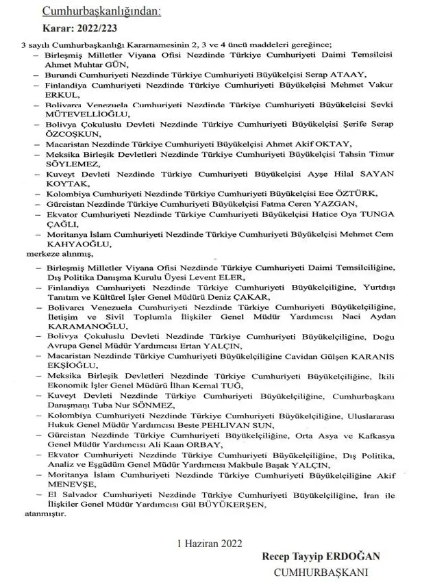 Büyükelçi atamalarına ilişkin karar Başkan Recep Tayyip Erdoğan'ın imzasıyla Resmi Gazete'de yayımlandı-2