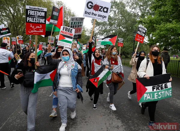 SON DAKİKA: Filistinlilerin katledilmesi protesto ediliyor! Binler Londra'da İsrail Büyükelçiliği'ne yürüyor - 42