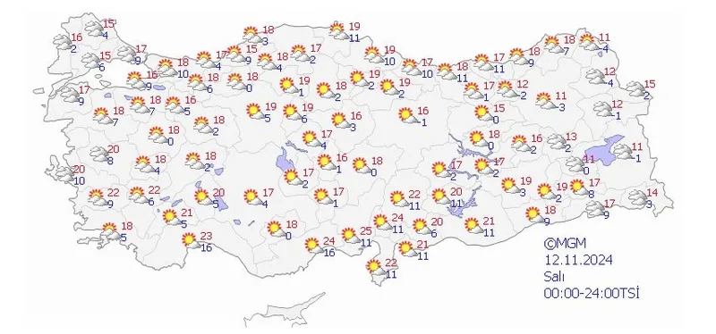 Meteoroloji Genel Müdürlüğü'nün hava durumu haritası (MGM internet sitesi)