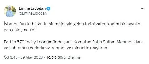 Emine Erdoğan'dan İstanbul'un fethinin 570'inci yıl dönümü paylaşımı!-1
