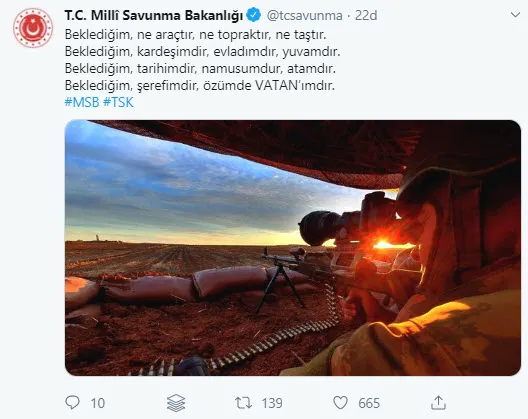 MSB'den Mehmetçik nöbetine şiirli paylaşım-1