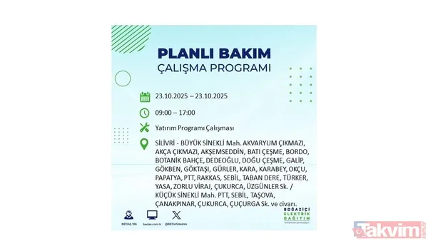 ↪23 Ekim 2025 İstanbul merkezli elektrik kesintisi yaşanacak ilçe, mahalle ve sokaklar↩