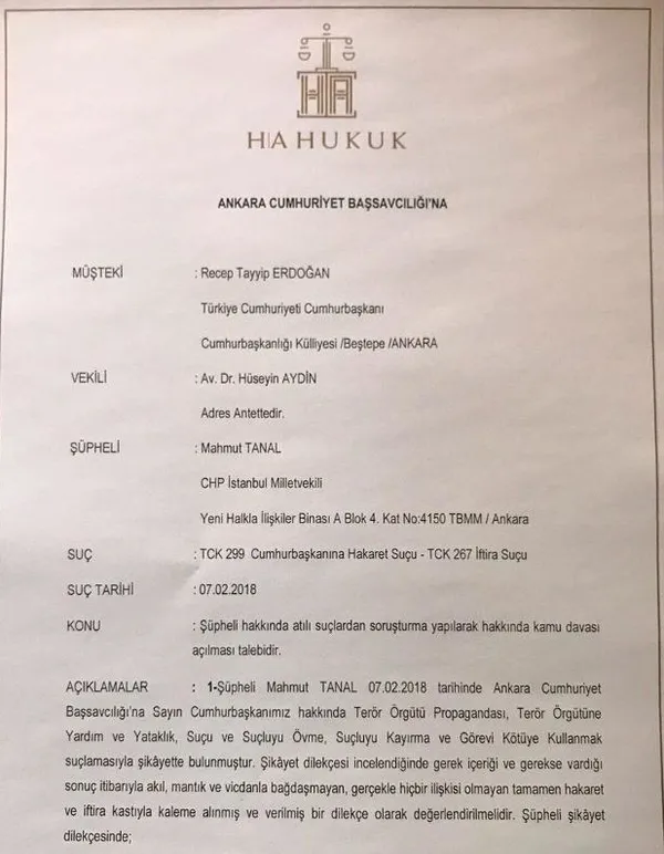 Erdoğan'dan CHP'li Tanal hakkında suç duyurusu-1