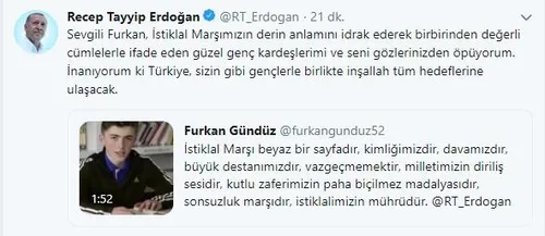 Başkan Erdoğan, liseli gençlerin "İstiklal Marşı" paylaşımına Twitter'dan yanıt verdi-1