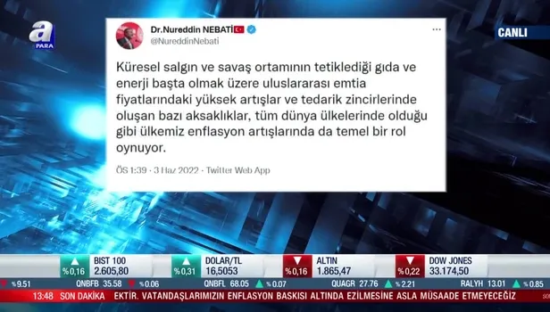 ''Enflasyon artışı hız kesti'' Hazine ve Maliye Bakanı Nureddin Nebati'den son dakika açıklaması
