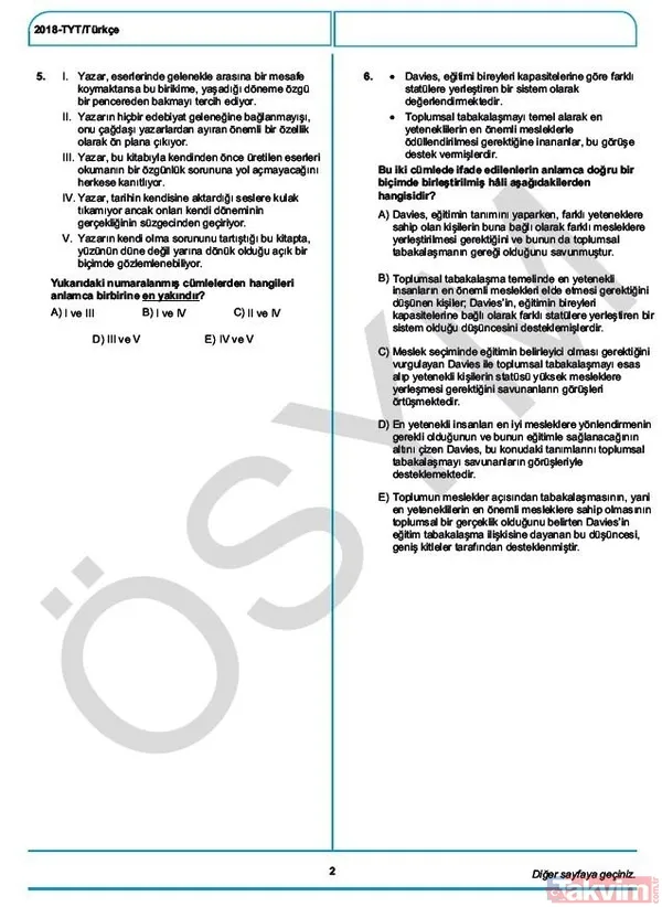 YKS çıkmış sorular ve cevaplar! 2018 YKS çıkmış sorular ve cevap anahtarı - 5