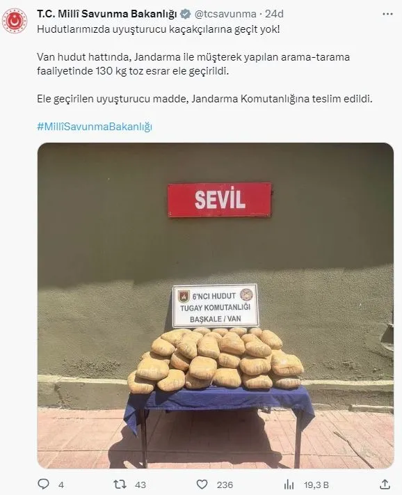 MSB duyurdu: Van hudut hattında 130 kilo toz esrar ele geçirildi-1