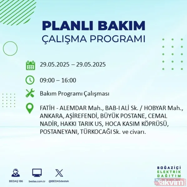 Bedaş 29 Mayıs İstanbul Elektrik Kesintisi