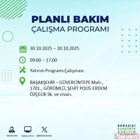30 Ekim 2025 İstanbul'da elektrik kesintisi yaşanacak ilçeler