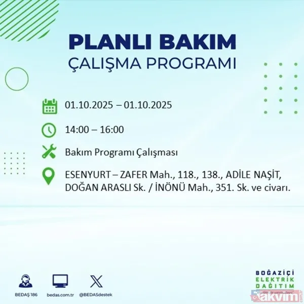 🔴1 Ekim 2025 İstanbul'da Elektrik Kesintisi Yaşanacak İlçeler