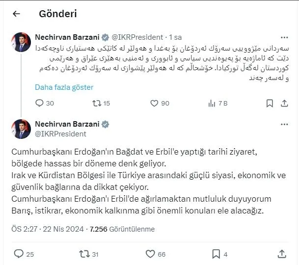 Hassas dönemde tarihi ziyaret! Barzani'den 'Türkçe' paylaşım... "Başkan Erdoğan'ı Erbil'de ağırlamaktan mutluluk duyuyorum"-2