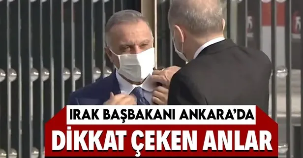 Başkan Erdoğan, törenle karşıladığı Irak Başbakanı Kazımi’nin yakasını düzeltti