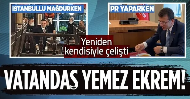 İstanbullu karla mücadele ederken balık keyfi yapan CHP’li İBB Başkanı Ekrem İmamoğlu iş PR’a gelince makamında yemek yedi