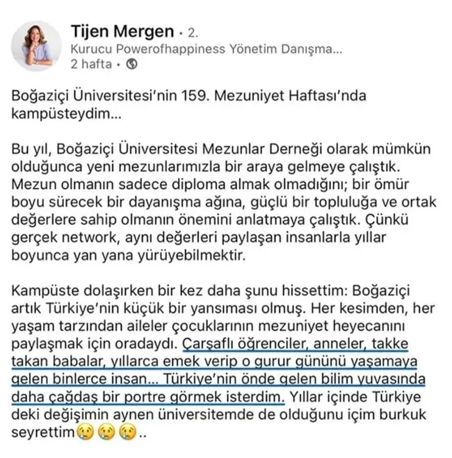 tijen-mergen-bogazici-universitesinin-mezuniyet-toreninde-musluman-vatandaslari-hedef-aldi-1784575159778.jpeg Tijen Mergen'in tesettürlü anne, takkeli baba rahatsızlığı: İçim buruk seyrettim! Boğaziçi'ndeki mezuniyete "çağdaşlık" gölgesi-3
