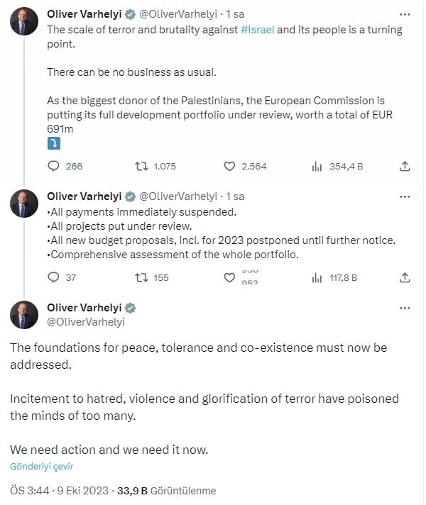 Ambargonun yeni adresi Filistin! AB Komisyonu üyesi Oliver Vahelyi duyurdu: Filistinlilere yardım ödemeleri durdurulacak-3