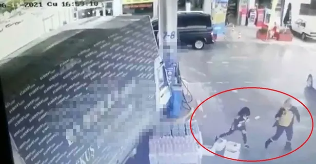 Akaryakıt istasyonuna dalan kamyonetten son anda kaçtılar
