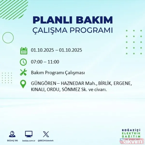 🔴1 Ekim 2025 İstanbul'da Elektrik Kesintisi Yaşanacak İlçeler
