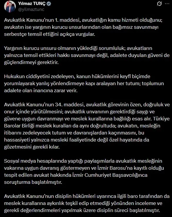 Bakan Tunç'un sosyal medyadan yaptığı paylaşım