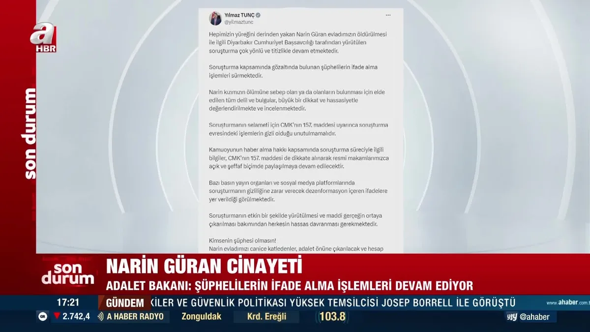 Adalet Bakanı Tunç'tan Narin Güran açıklaması!