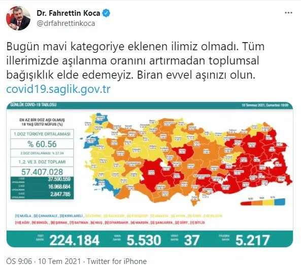 Son dakika haberi: Sağlık Bakanlığı 10 Temmuz 2021 koronavirüs vaka ve vefat tablosunu paylaştı! Aşılamada son durum-2