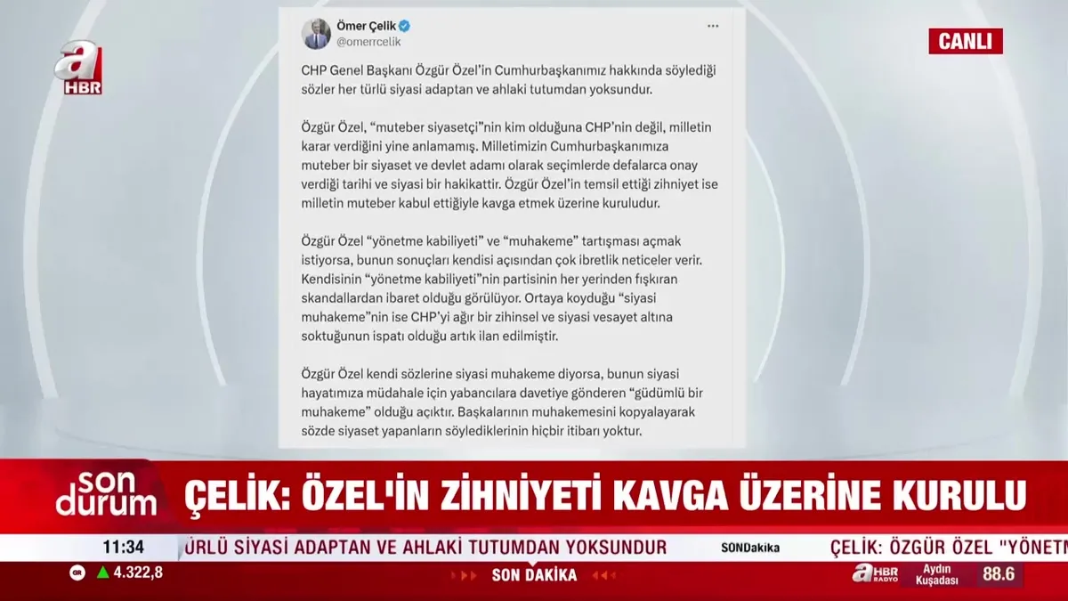 AK Parti Sözcüsü Ömer Çelik'ten Özgür Özel'e tepki: Zihniyeti kavga üzerine kurulu