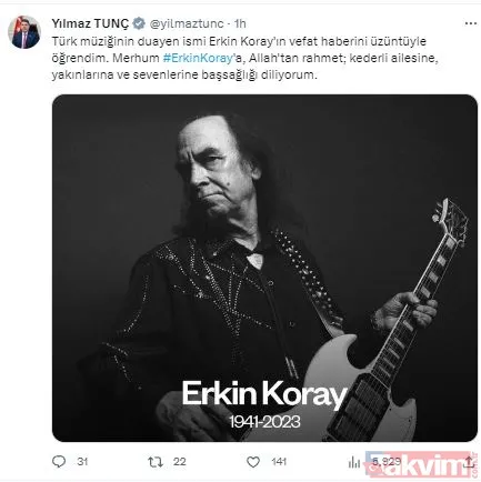 Adalet Bakanı Yılmaz Tunç: "Türk Müziğinin Duayen İsmi Erkin Koray'ın Vefat Haberini Üzüntüyle Öğrendim. Merhum Erkin Koray'a, Allah'tan Rahmet; Kederli...