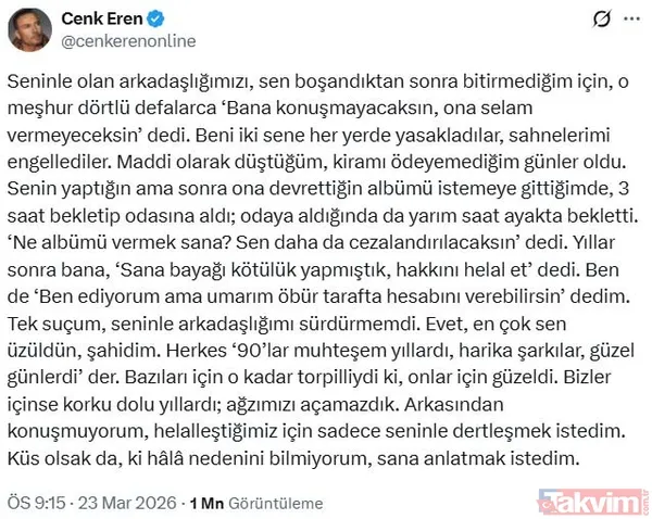 Cenk Eren Yeşim Salkım'ın Paylaşımını Alıntılayan Sanatçı Cenk Eren De Erol Köse İle İlgili Şunları Söyledi: "O Meşhur Dörtlü Beni 2 Sene Her Yerden...