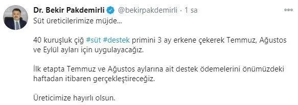 Tarım ve Orman Bakanı Pakdemirli müjdeyi verdi! Çiğ süt desteği ödemeleri 3 ay erken olacak-1