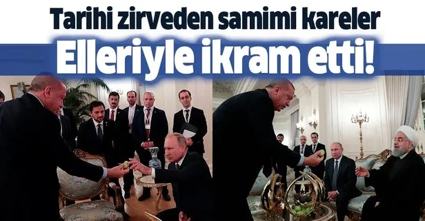 3’lü zirveden samimi kareler! Başkan Erdoğan Putin ve Ruhani’ye incir ikram etti