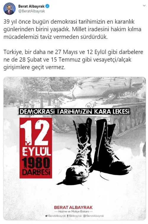 Bakan Albayrak'tan 12 Eylül paylaşımı: Türkiye bir daha vesayetçi alçak girişimlere geçit vermez-1