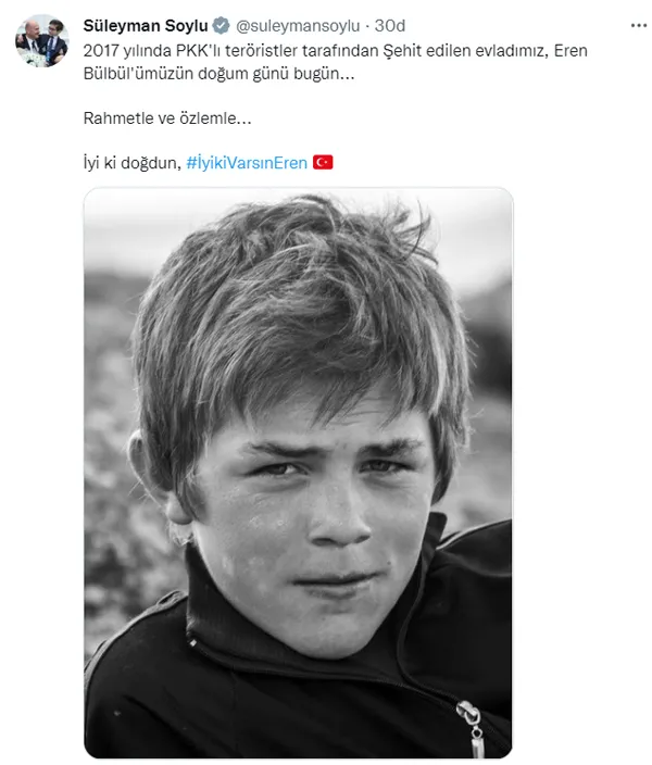 Son dakika: İçişleri Bakanı Süleyman Soylu'dan Eren Bülbül paylaşımı: İyi ki doğdun Eren! - Takvim