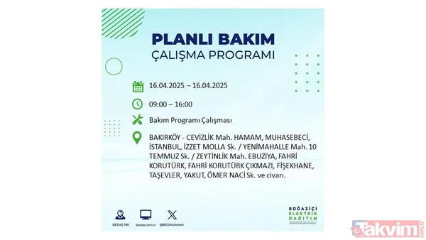 16 Nisan 2025 Bedaş İstanbul Elektrik Kesintisi